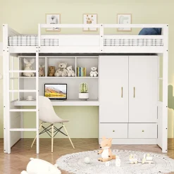 Lit mezzanine 90x200 cm ado/enfant avec bureau et armoire, escalier avec tiroirs, bois MDF+pin blanc, sans matelas