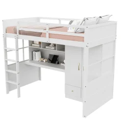 Lit mezzanine 90x200 cm ado/enfant avec bureau et armoire, escalier avec tiroirs, bois MDF+pin blanc, sans matelas