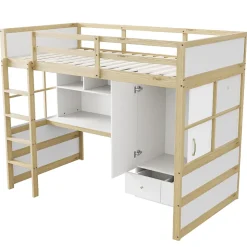 Lit mezzanine 90x200 cm ado/enfant 1 place avec bureau et armoire, escalier avec tiroirs, bois pin+MDF couleur bois, sans matelas