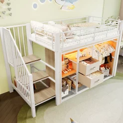 Lit mezzanine 90x200 cm avec 2 tiroirs et vestiaire ouvert, LED multicolore, structure métal