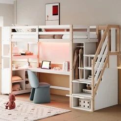 Lit mezzanine 90x200 cm avec armoire et bureau - avec escalier et prises électriques - LED - naturel (sans matelas)