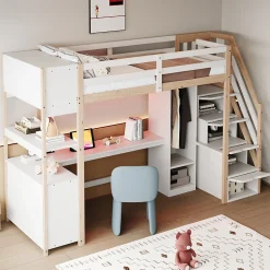 Lit mezzanine 90x200 cm avec armoire et bureau - avec escalier et prises électriques - LED - naturel (sans matelas)