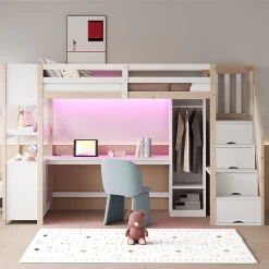 Lit mezzanine 90x200 cm avec armoire et bureau - avec escalier et prises électriques - LED - naturel (sans matelas)