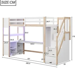 Lit mezzanine 90x200 cm avec armoire et bureau - avec escalier et prises électriques - LED - naturel (sans matelas)