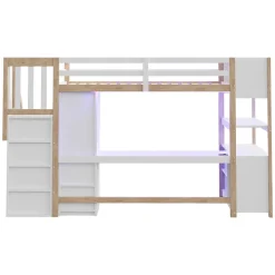 Lit mezzanine 90x200 cm avec armoire et bureau - avec escalier et prises électriques - LED - naturel (sans matelas)