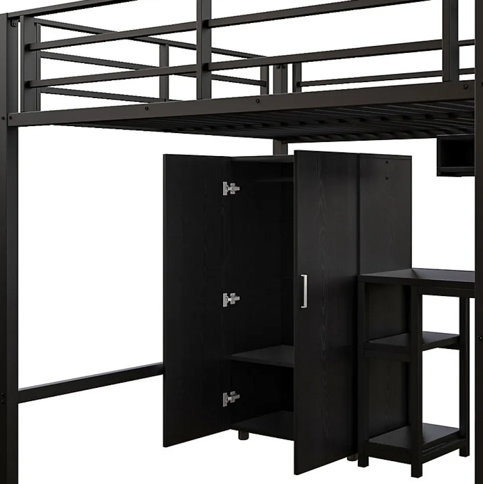 Lit mezzanine 140x200 cm avec armoire étagères bureau et échelle noire sans matelas