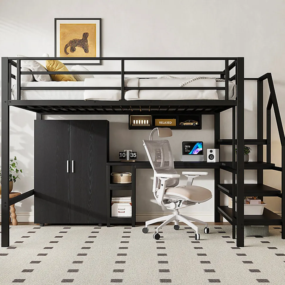 Lit mezzanine 140x200 cm avec armoire étagères bureau et échelle noire sans matelas
