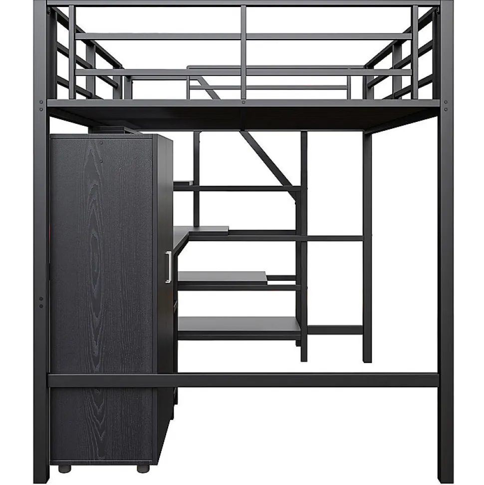 Lit mezzanine 140x200 cm avec armoire étagères bureau et échelle noire sans matelas