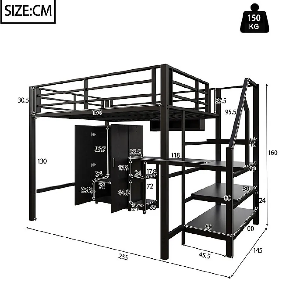 Lit mezzanine 140x200 cm avec armoire étagères bureau et échelle noire sans matelas