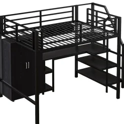 Lit mezzanine 140x200 cm avec armoire étagères bureau et échelle noire sans matelas