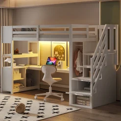 Lit mezzanine 90x200 cm avec armoire et bureau - avec escalier et prises électriques - LED - blanc (sans matelas)