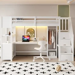 Lit mezzanine 90x200 cm avec armoire et bureau - avec escalier et prises électriques - LED - blanc (sans matelas)