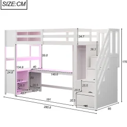 Lit mezzanine 90x200 cm avec armoire et bureau - avec escalier et prises électriques - LED - blanc (sans matelas)