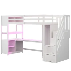 Lit mezzanine 90x200 cm avec armoire et bureau - avec escalier et prises électriques - LED - blanc (sans matelas)