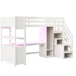 Lit mezzanine 90x200 cm avec armoire et bureau - avec escalier et prises électriques - LED - blanc (sans matelas)