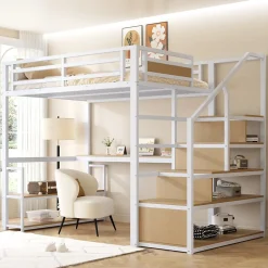 Lit Mezzanine 140x200 cm avec Bureau et Rangement, Métal+MDF, Blanc - Sans Matelas