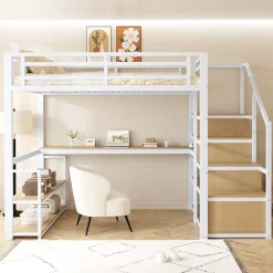 Lit Mezzanine 140x200 cm avec Bureau et Rangement, Métal+MDF, Blanc - Sans Matelas