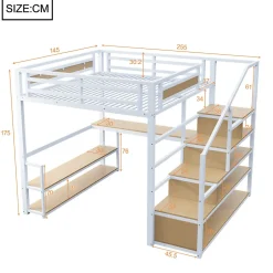 Lit Mezzanine 140x200 cm avec Bureau et Rangement, Métal+MDF, Blanc - Sans Matelas