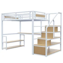 Lit Mezzanine 140x200 cm avec Bureau et Rangement, Métal+MDF, Blanc - Sans Matelas