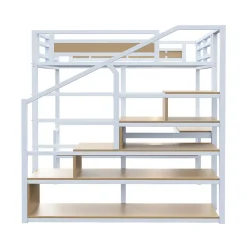 Lit Mezzanine 140x200 cm avec Bureau et Rangement, Métal+MDF, Blanc - Sans Matelas