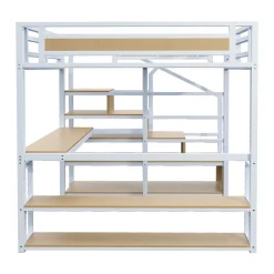 Lit Mezzanine 140x200 cm avec Bureau et Rangement, Métal+MDF, Blanc - Sans Matelas