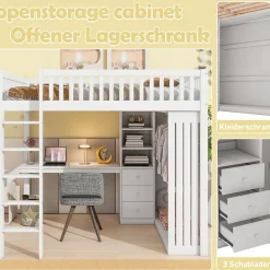 Lit mezzanine 140x200 cm avec bureau intégré, armoire et 3 tiroirs fonctionnels en pin blanc