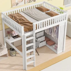 Lit mezzanine 140x200 cm avec bureau intégré, armoire et 3 tiroirs fonctionnels en pin blanc