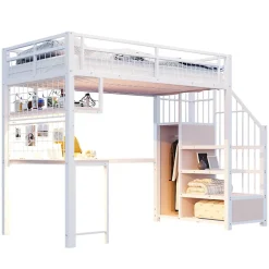 Lit mezzanine 90x200 cm avec bureau intégré, étagères et marche de rangement, structure métal blanche