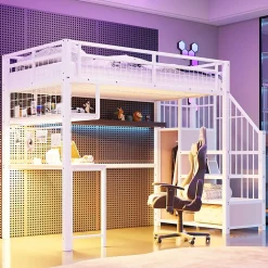 Lit mezzanine 90x200 cm avec bureau intégré, étagères et marche de rangement, structure métal blanche