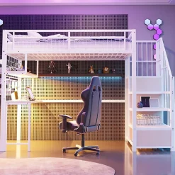 Lit mezzanine 90x200 cm avec bureau intégré, étagères et marche de rangement, structure métal blanche