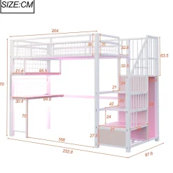 Lit mezzanine 90x200 cm avec bureau intégré, étagères et marche de rangement, structure métal blanche