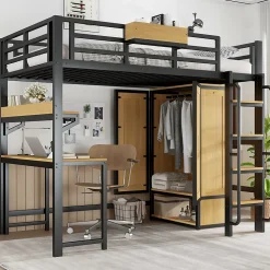 Lit mezzanine 90x200 cm avec bureau et étagère - armoire à portes doubles et échelle - Métal+MDF - Noir+Naturel (sans matelas)