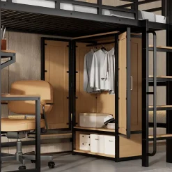 Lit mezzanine 90x200 cm avec bureau et étagère - armoire à portes doubles et échelle - Métal+MDF - Noir+Naturel (sans matelas)