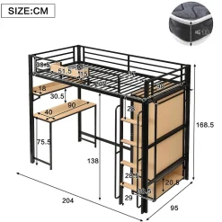 Lit mezzanine 90x200 cm avec bureau et étagère - armoire à portes doubles et échelle - Métal+MDF - Noir+Naturel (sans matelas)