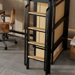 Lit mezzanine 90x200 cm avec bureau et étagère - armoire à portes doubles et échelle - Métal+MDF - Noir+Naturel (sans matelas)