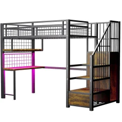 Lit mezzanine 90x200 cm avec bureau intégré, étagères et échelle de rangement en métal noir pour chambre ado