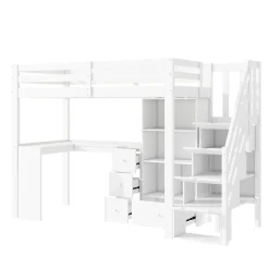 Lit mezzanine 90x200 cm avec bureau integre tiroirs et etageres structure pin et MDF blanc