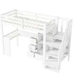 Lit mezzanine 90x200 cm avec bureau integre tiroirs et etageres structure pin et MDF blanc