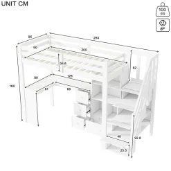 Lit mezzanine 90x200 cm avec bureau integre tiroirs et etageres structure pin et MDF blanc
