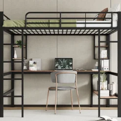 Lit mezzanine 140x200 cm avec bureau et étagères intégrées, cadre métal noir fonctionnel
