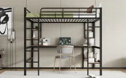 Lit mezzanine 140x200 cm avec bureau et étagères intégrées, cadre métal noir fonctionnel