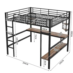 Lit mezzanine 140x200 cm avec bureau et étagères intégrées, cadre métal noir fonctionnel