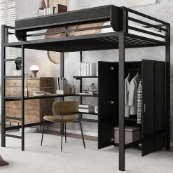 Lit mezzanine 140x200 cm avec bureau et étagère de rangement - avec garde-robe - Métal + MDF - Noir (sans matelas)