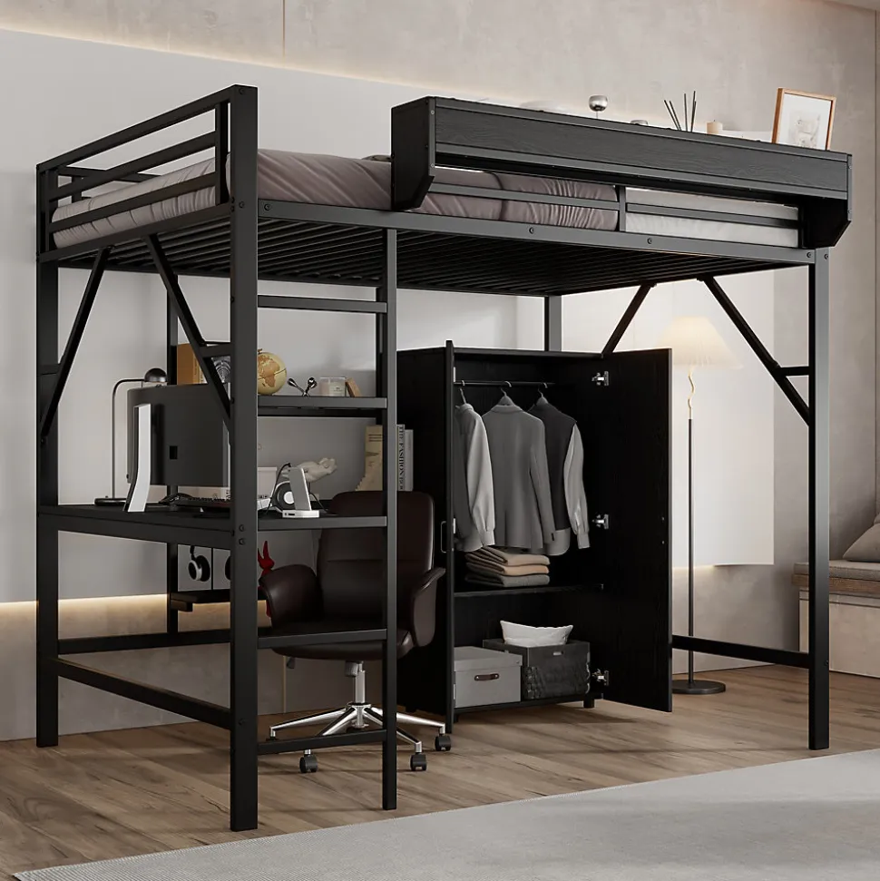 Lit mezzanine 140x200 cm avec bureau et étagère de rangement - avec garde-robe - Métal + MDF - Noir (sans matelas)