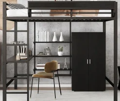 Lit mezzanine 140x200 cm avec bureau et étagère de rangement - avec garde-robe - Métal + MDF - Noir (sans matelas)