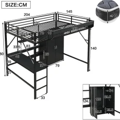 Lit mezzanine 140x200 cm avec bureau et étagère de rangement - avec garde-robe - Métal + MDF - Noir (sans matelas)
