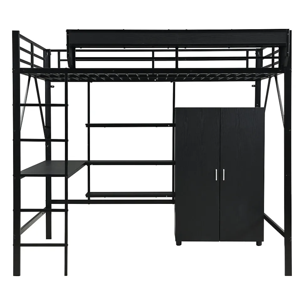 Lit mezzanine 140x200 cm avec bureau et étagère de rangement - avec garde-robe - Métal + MDF - Noir (sans matelas)