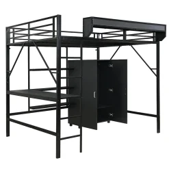 Lit mezzanine 140x200 cm avec bureau et étagère de rangement - avec garde-robe - Métal + MDF - Noir (sans matelas)