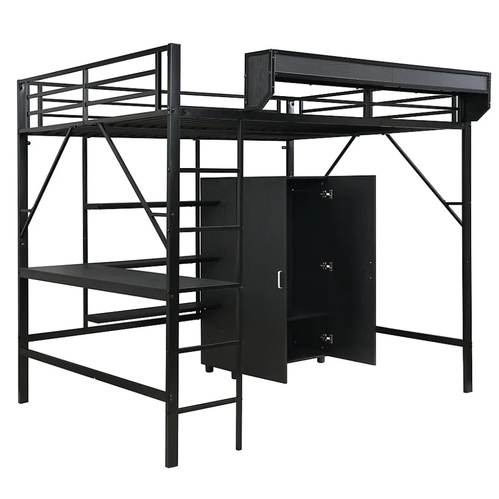 Lit mezzanine 140x200 cm avec bureau et étagère de rangement - avec garde-robe - Métal + MDF - Noir (sans matelas)
