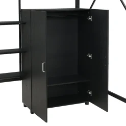 Lit mezzanine 140x200 cm avec bureau et étagère de rangement - avec garde-robe - Métal + MDF - Noir (sans matelas)